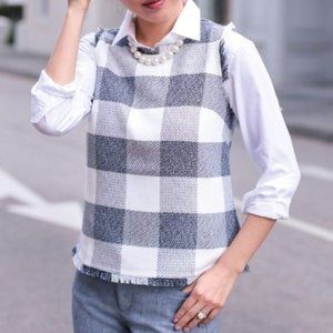 Banana Republic Blouse Womens White Blue Gingham Frayed Hem Preppy Top Size S